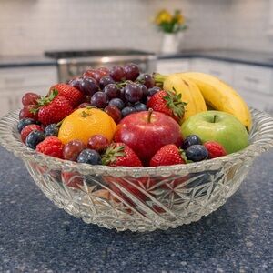 Antique Pressed Glass Fruit Bowl. Starburst Pattern. Scalloped Rim